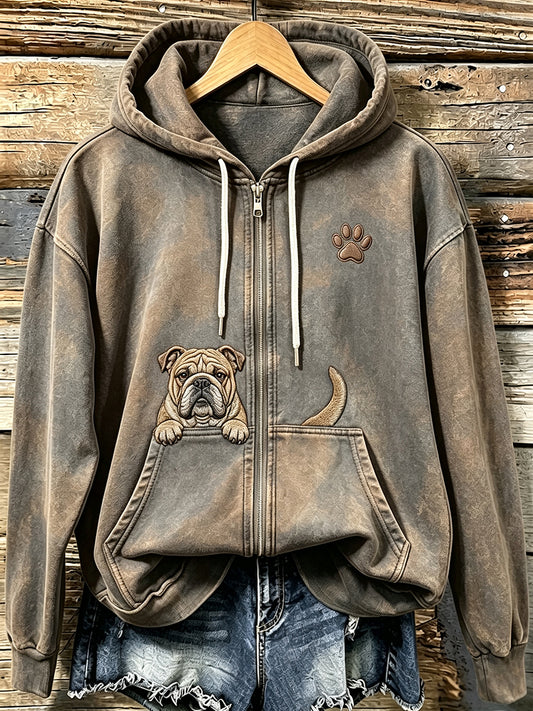 Women's English Bulldog & Paw Print Vintage Cozy Zip-Up Hoodie