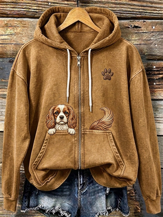 Women's Cavalier King Charles Spaniel & Paw Print Cozy Zip-Up Hoodie