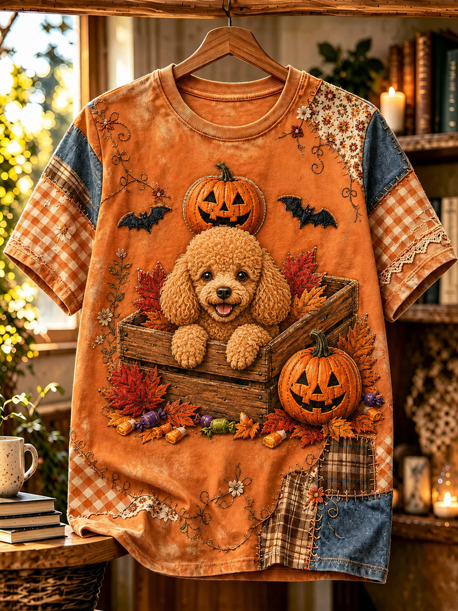 Women's Halloween Dog Printed Vintage Fashion Loose Short Sleeve T-Shirt