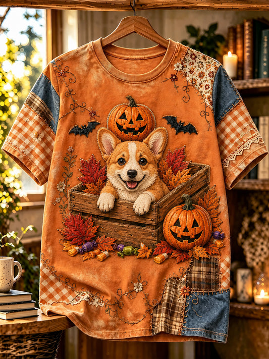Women's Halloween Dog Printed Vintage Fashion Loose Short Sleeve T-Shirt