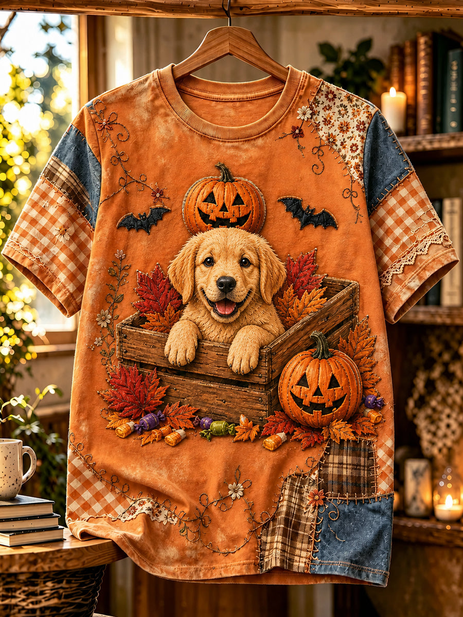 Women's Halloween Dog Printed Vintage Fashion Loose Short Sleeve T-Shirt