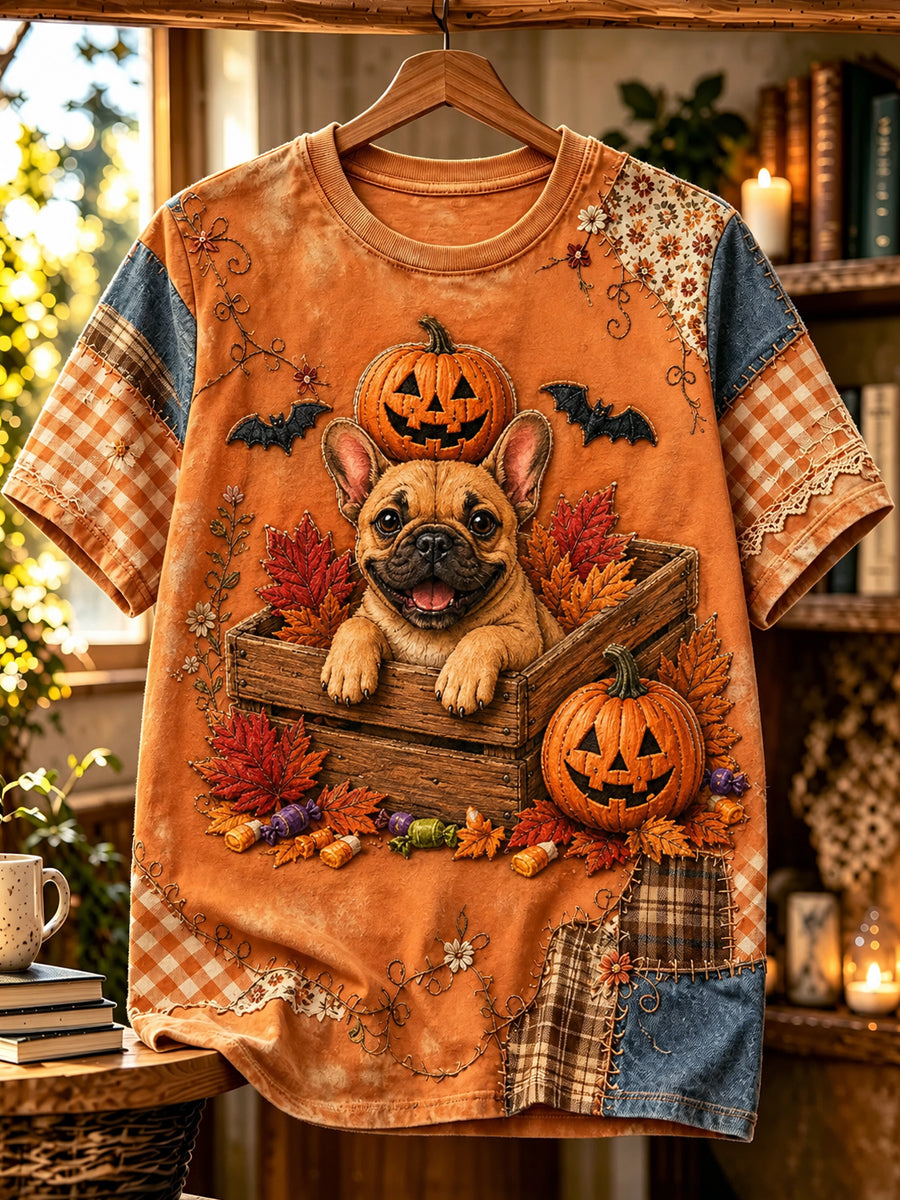 Women's Halloween Dog Printed Vintage Fashion Loose Short Sleeve T-Shirt