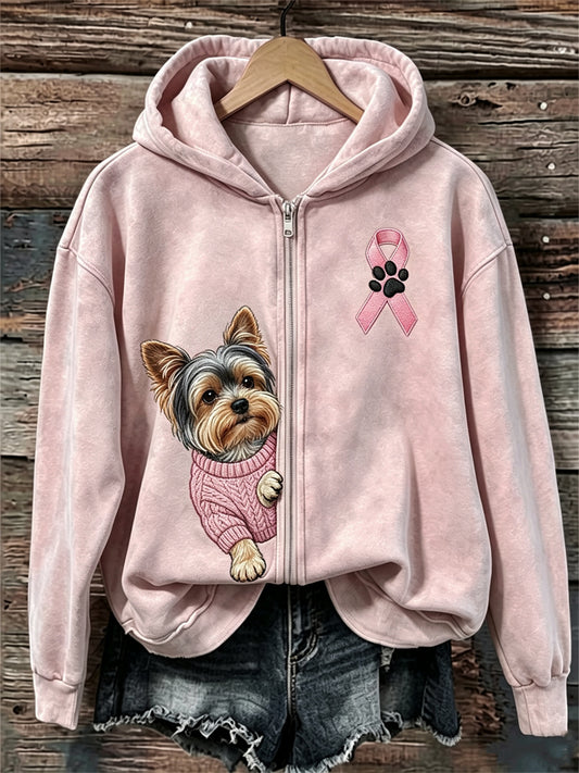 Women's Peeking Yorkshire Dog Pink Ribbon Breast Cancer Awareness Full Zip Hoodie