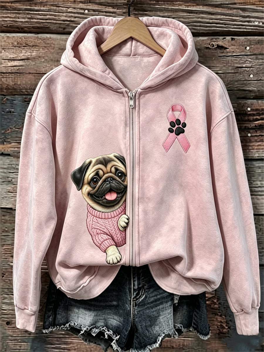 Women's Peeking Pug Dog Pink Ribbon Breast Cancer Awareness Full Zip Hoodie