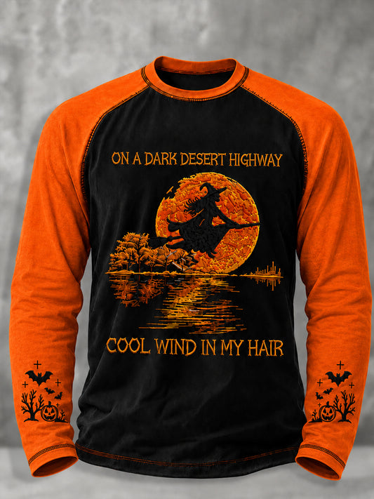 Men's Halloween Witch Pumpkin Bat Printed Long Sleeve T-Shirt