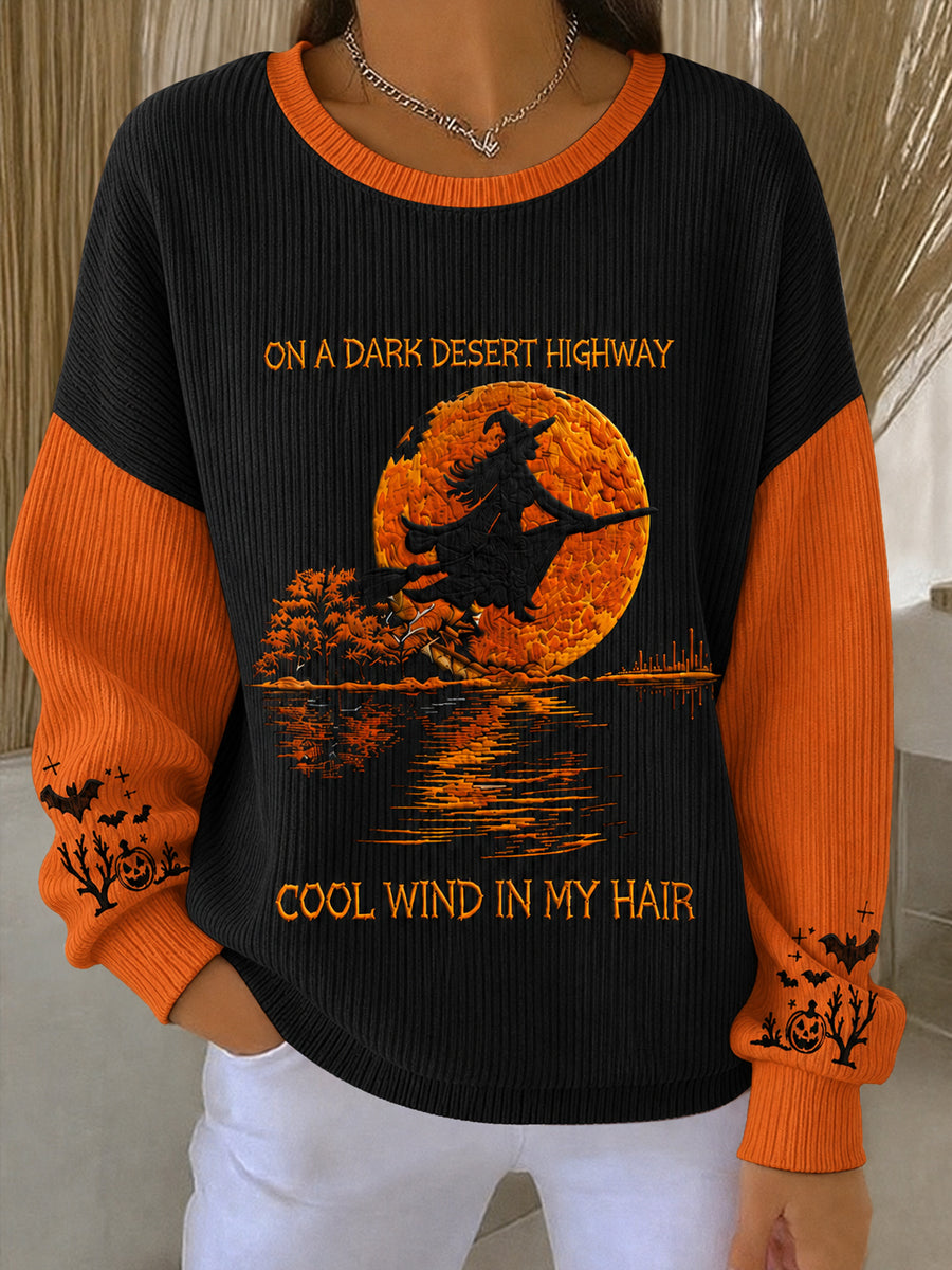Women's Halloween Witch Pumpkin Bat  Ribbed Round-Neck Sweatshirt