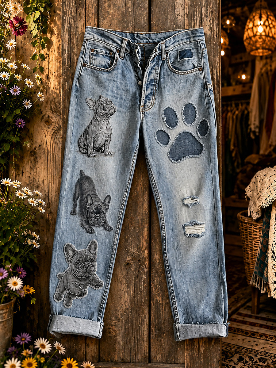 Women's Casual Jeans with Vintage Animal Art Print