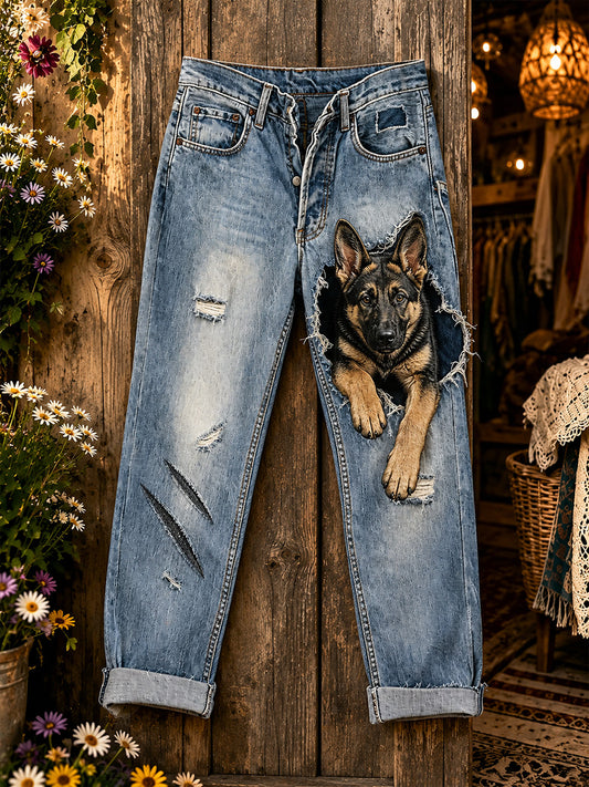 Women's Casual Jeans with Vintage Animal Art Print