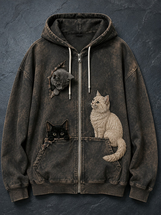 Retro Animal Art Print Casual Zip-Up Hoodie