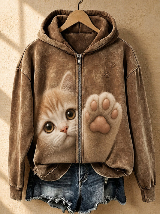 Retro Animal Art Print Casual Zip-Up Hoodie