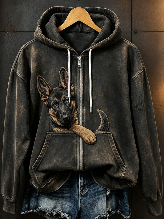 Retro Animal Art Print Casual Zip-Up Hoodie