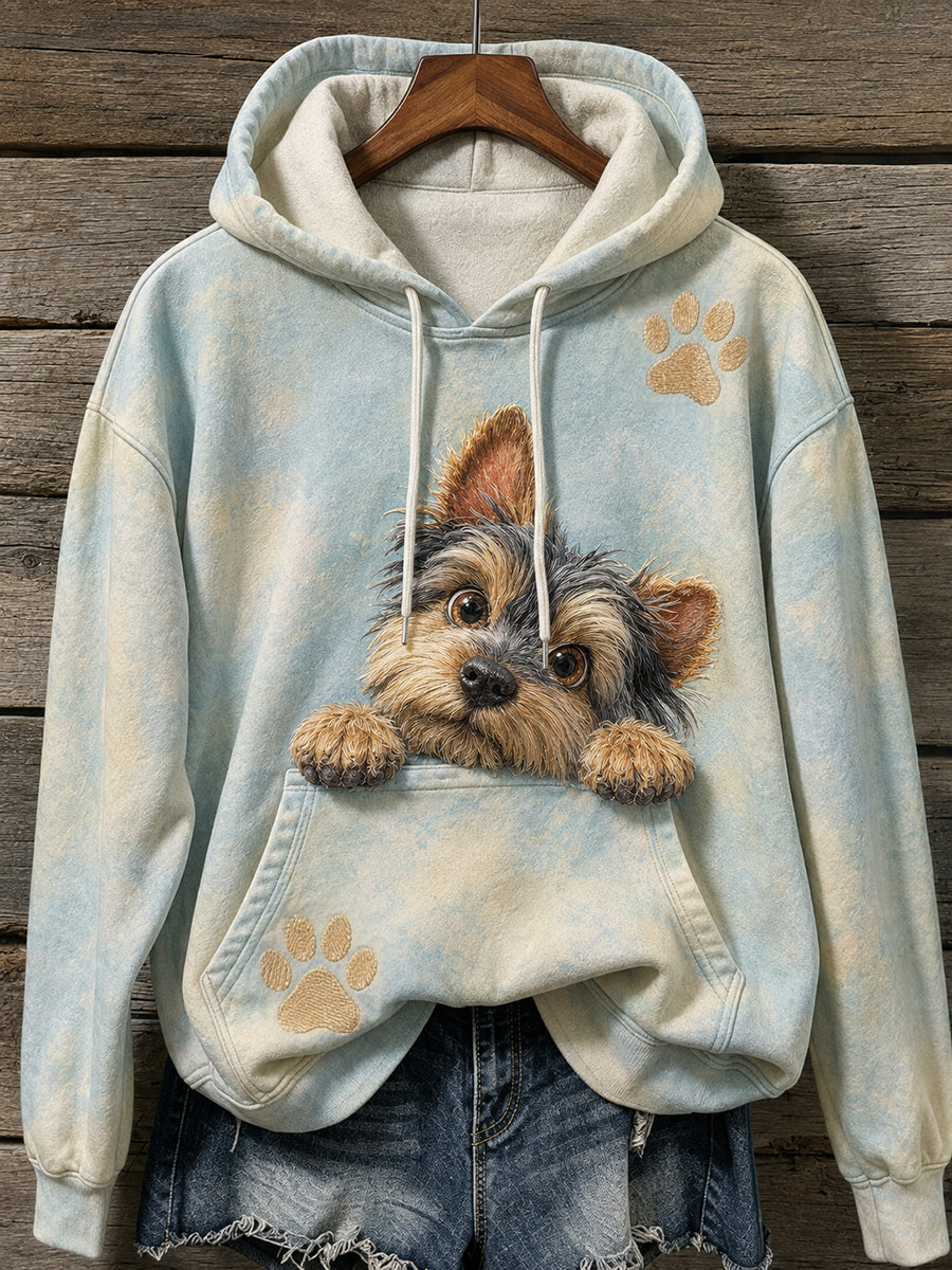 Women's Cute Yorkie Dog & Paws Print Cozy Hoodie