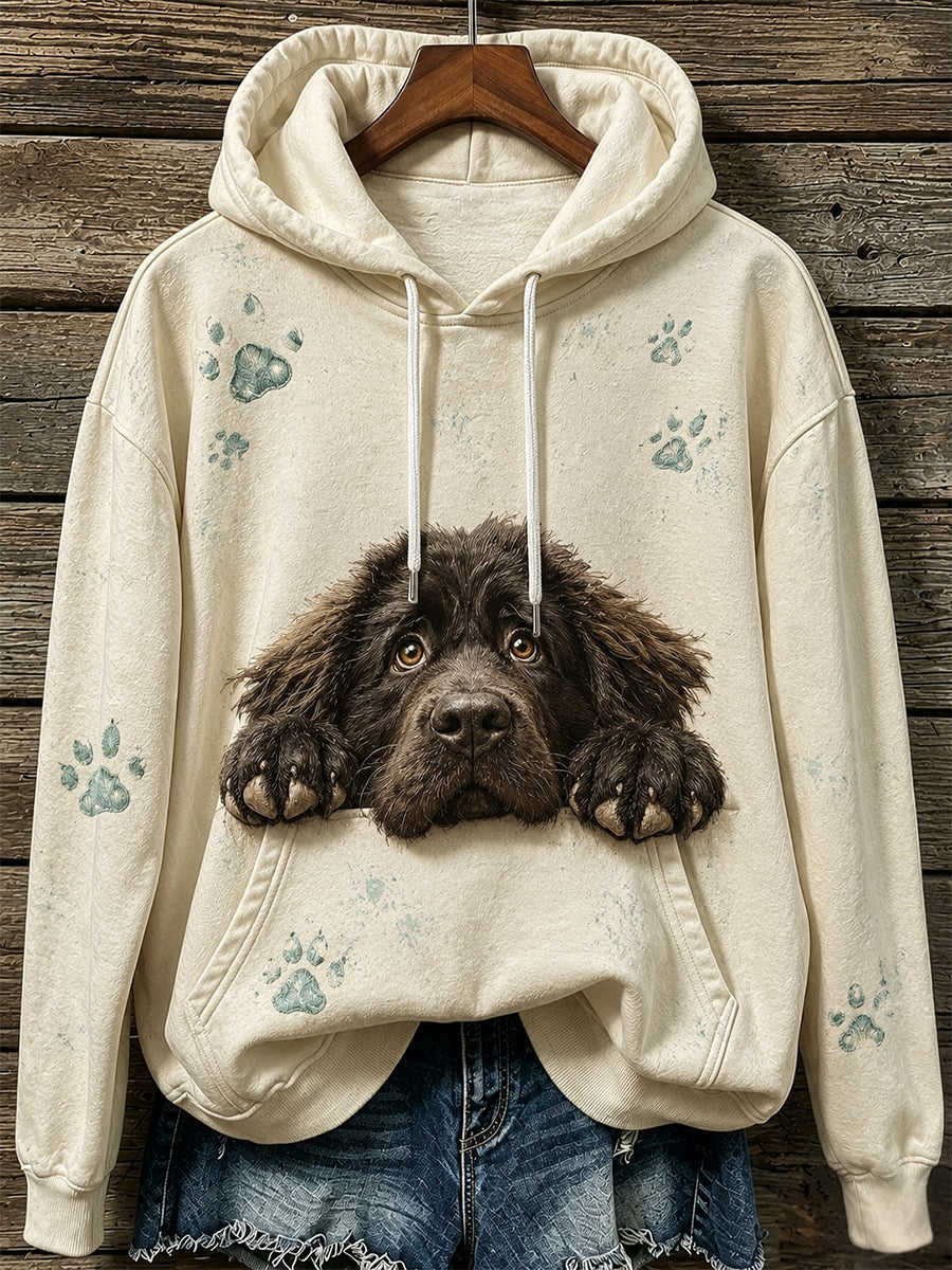 Women's Cute Newfoundland Dog & Paws Print Cozy Hoodie