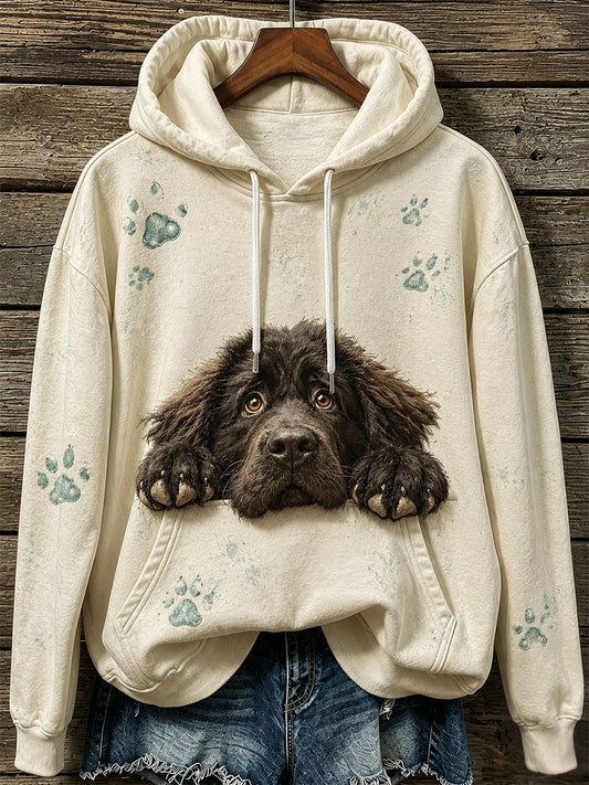 Women's Cute Newfoundland Dog & Paws Print Cozy Hoodie