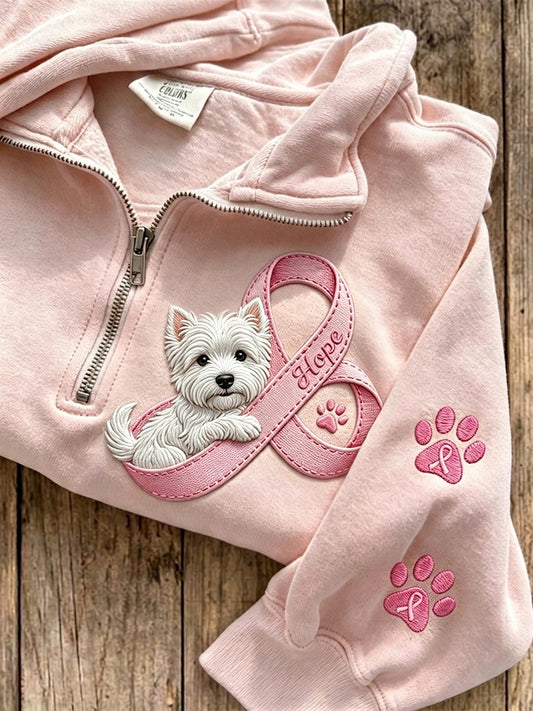 Women's Hope Pink Ribbon West Highland Terrier & Paw Prints Zip Up Sweatshirt