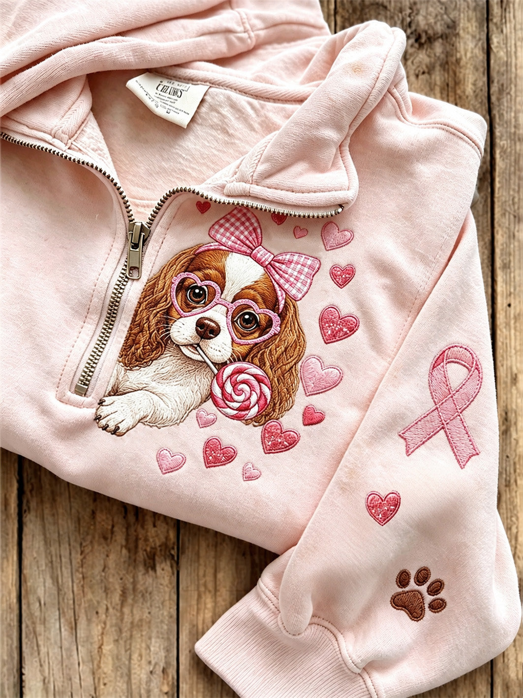 Women's Breast Cancer Themed Cute Dog Pattern Prints Casual Half-Zipper Sweatshirt
