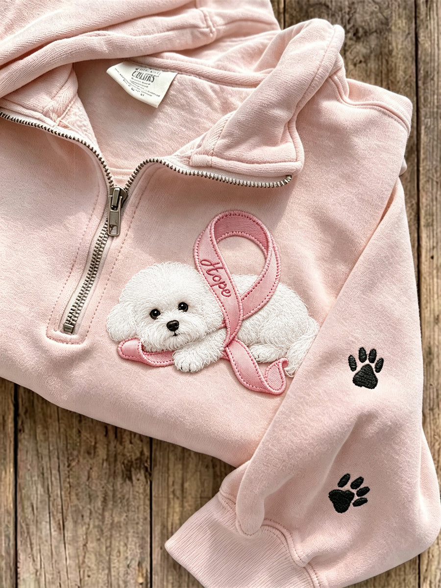 Women's Hope Pink Ribbon Bichon Dog & Paw Prints Zip Up Sweatshirt