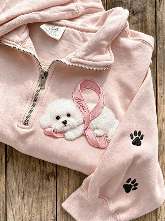 Women's Hope Pink Ribbon Bichon Dog & Paw Prints Zip Up Sweatshirt