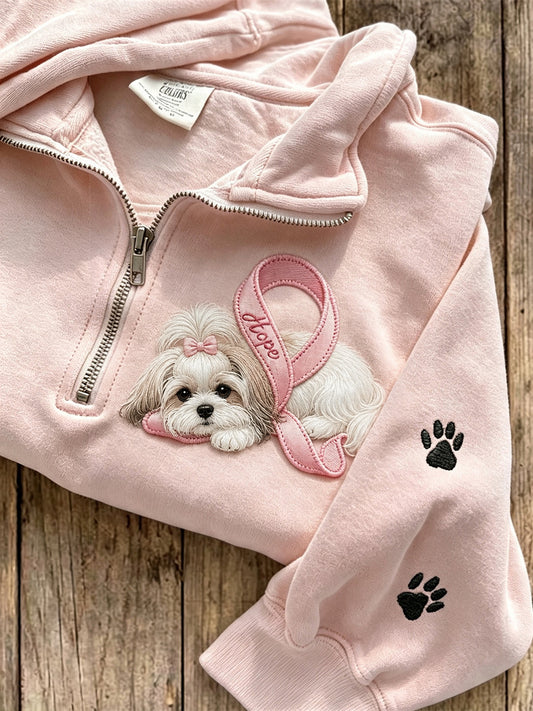 Women's Hope Pink Ribbon Shih Tzu Dog & Paw Prints Zip Up Sweatshirt