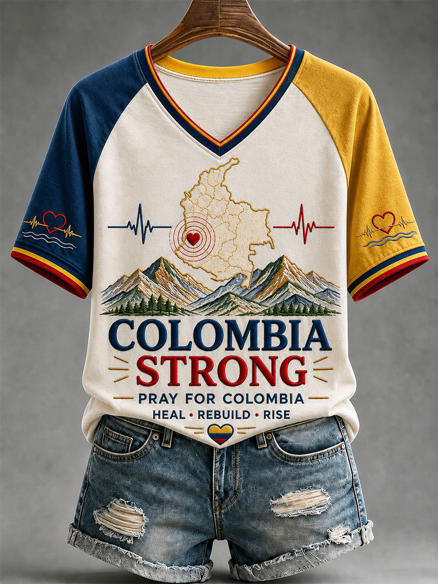 Women's Colombia Strong Print Casual V-Neck Tee