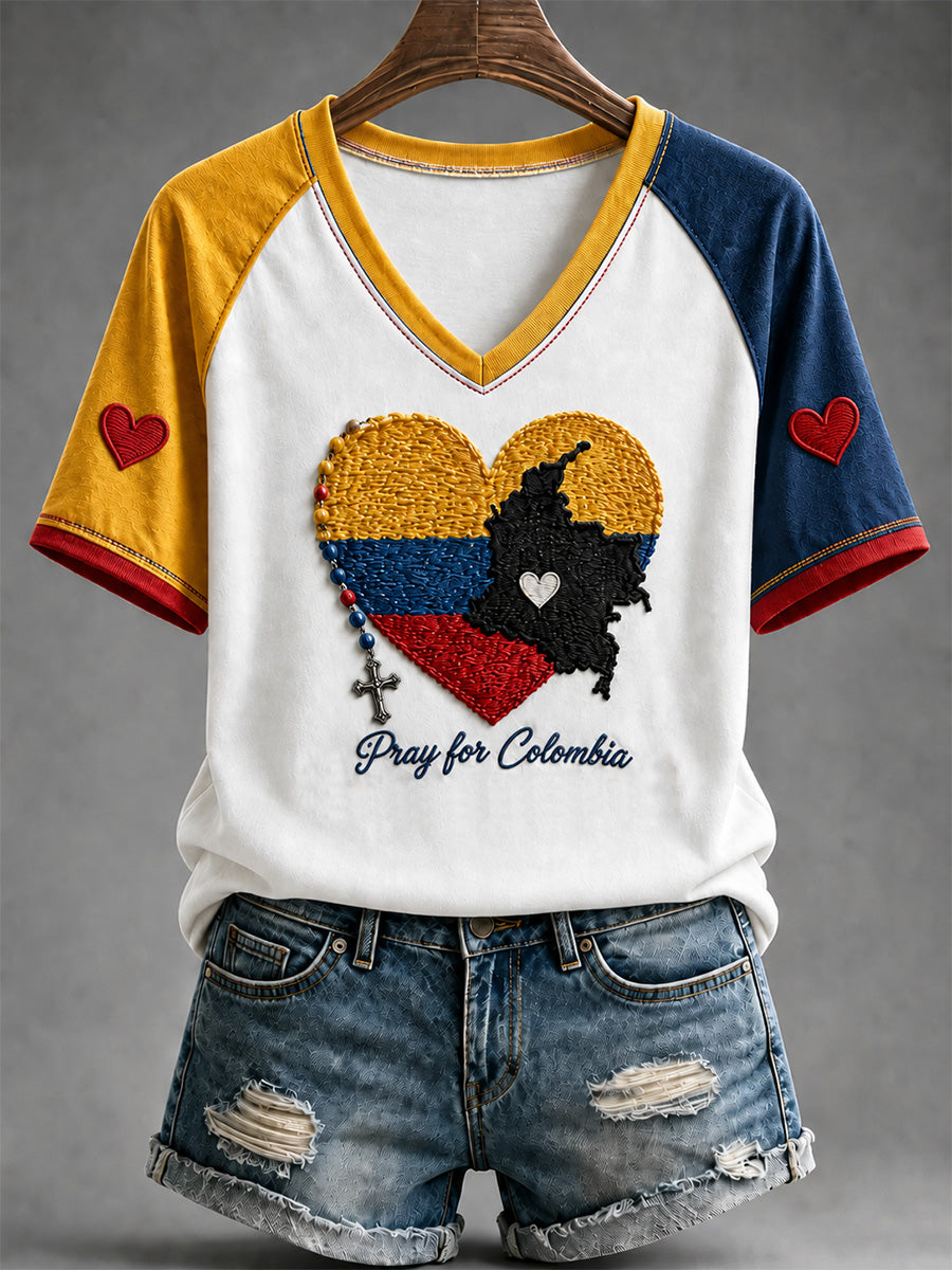 Women's Colombia Strong Print Casual V-Neck Tee