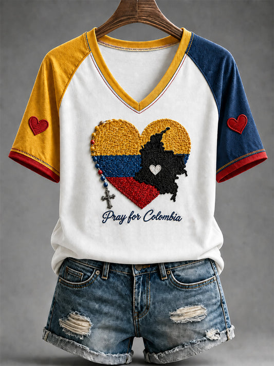 Women's Colombia Strong Print Casual V-Neck Tee