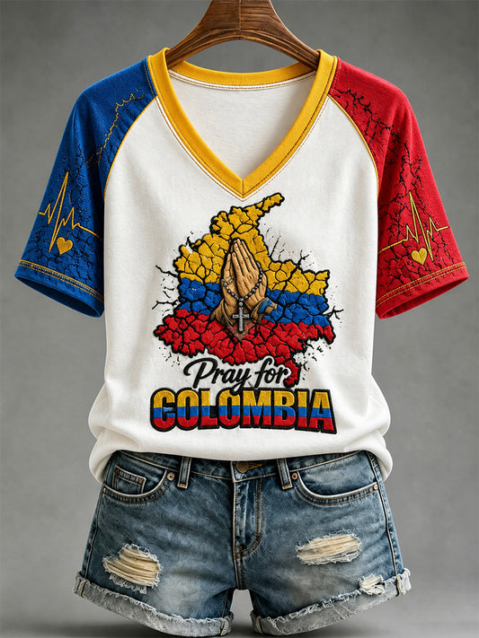 Women's Colombia Strong Print Casual V-Neck Tee