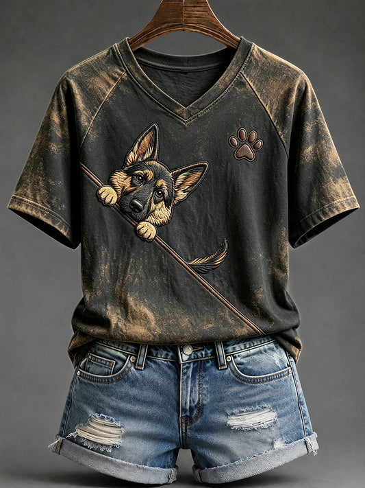 Women's Cute Peeking German Shepherd with Paw Print V-neck Short-sleeved T-shirt