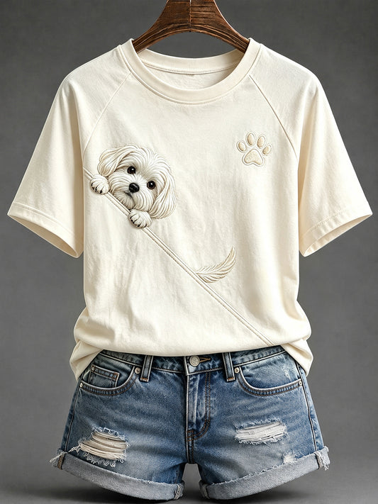 Women's Cute Peeking Maltese Dog with Paw Print Round Neck Short Sleeve T-shirt