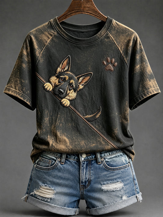 Women's Cute Peeking German Shepherd with Paw Print Round Neck Short Sleeve T-shirt