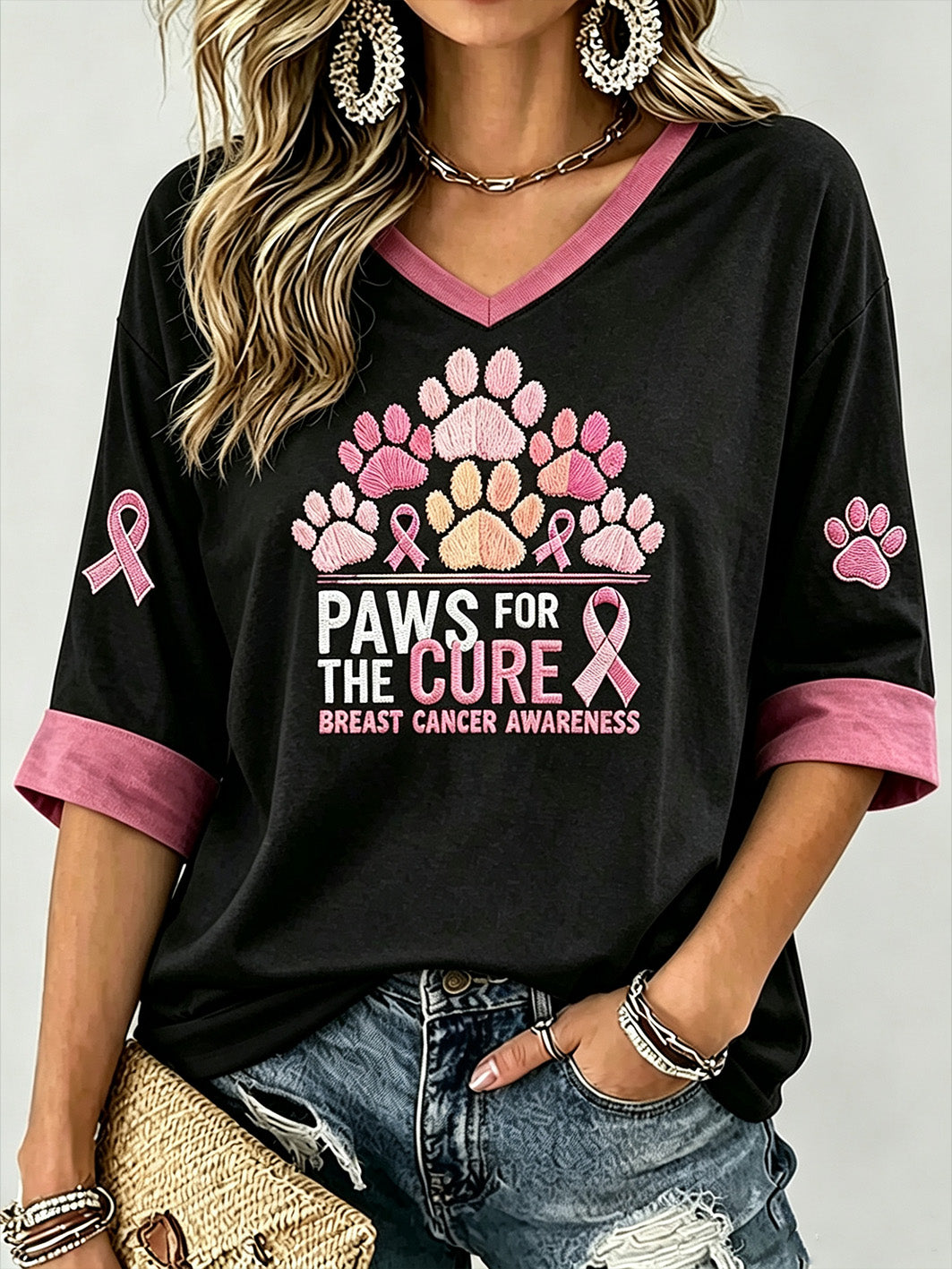 Women's Breast Cancer Themed Cute Dog Paw Pattern Print Mid-length Sleeves V-Neck T-Shirt
