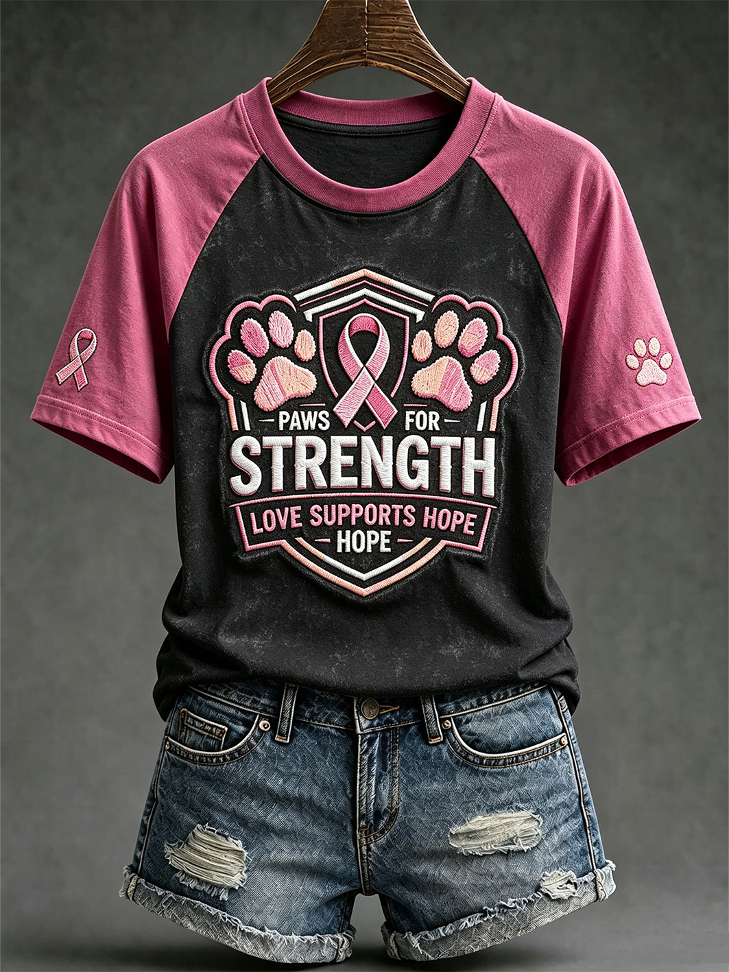 Women's Breast Cancer Theme Cute Dog Paw Pattern Printed Casual Short Sleeve T-Shirt