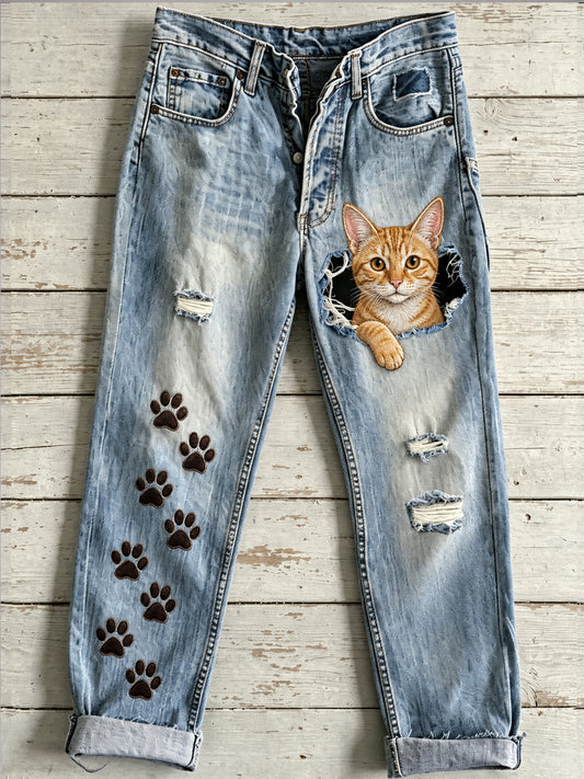Women's Animal Cat Art Print Flared Trousers