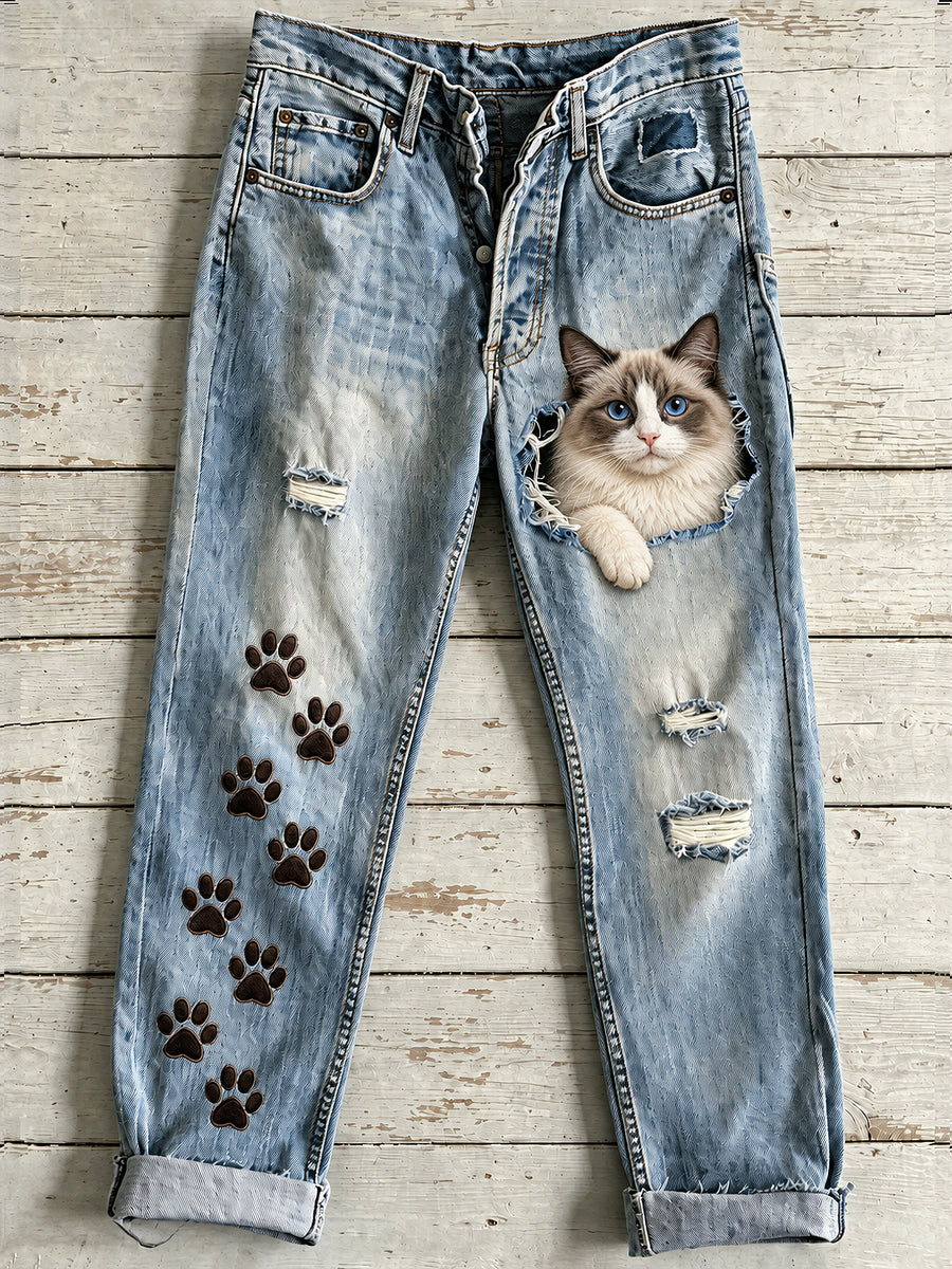 Women's Animal Cat Art Print Flared Trousers