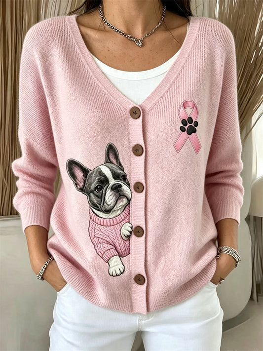Women's Peeking French Bulldog Pink Ribbon Breast Cancer Awareness Cozy Cardigan