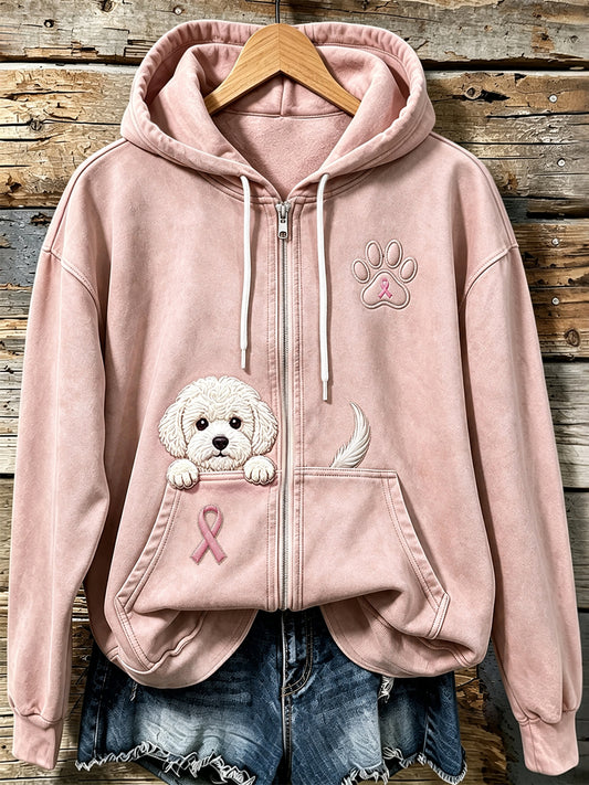 Women's Peeking Bichon Frise & Pink Ribbon Paw Print Zip-Up Hoodie