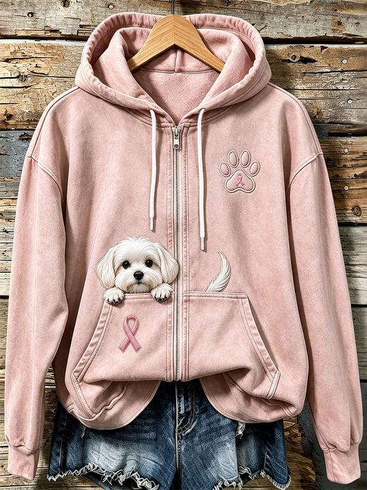 Women's Peeking Maltese Dog & Pink Ribbon Paw Print Zip-Up Hoodie