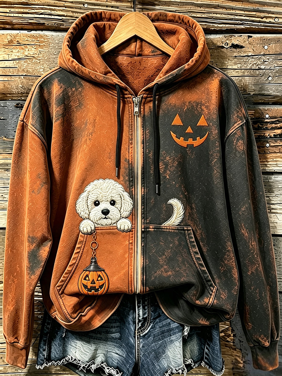 Women's Peeking Bichon Frise & Halloween Pumpkin Face Print Zip-Up Hoodie