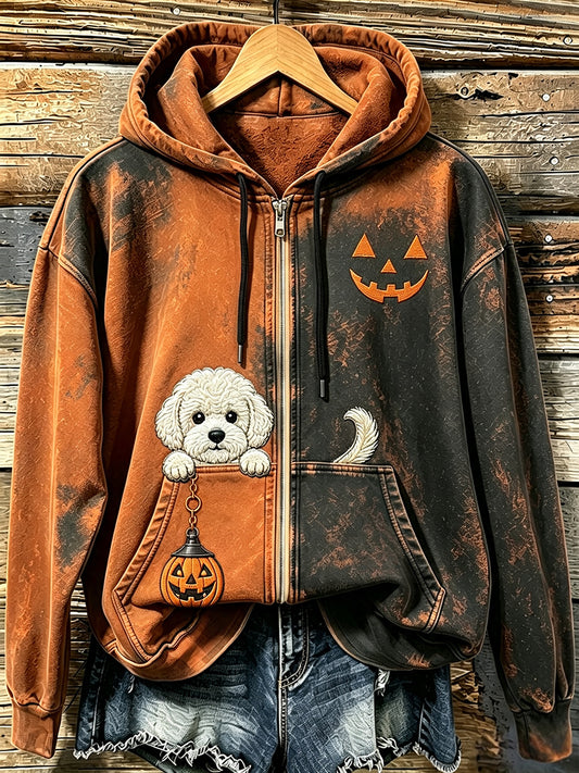 Women's Peeking Bichon Frise & Halloween Pumpkin Face Print Zip-Up Hoodie