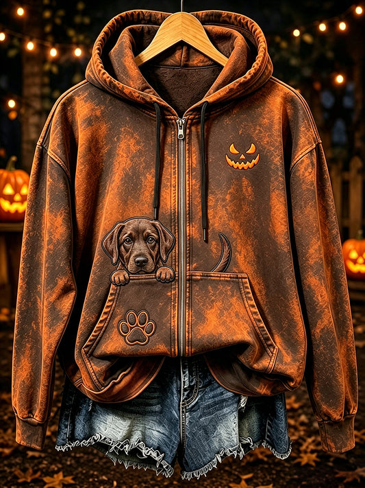 Women's Peeking Chocolate Labrador Retriever & Halloween Pumpkin Face Print Zip-Up Hoodie