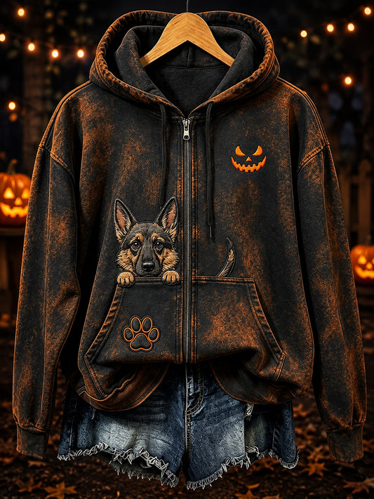 Women's Peeking German Shepherd & Halloween Pumpkin Face Print Zip-Up Hoodie