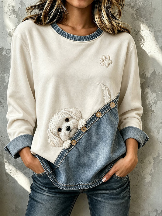 Women's Vintage Peeking Maltese Dog & Paw Print Casual Button Sweatshirt