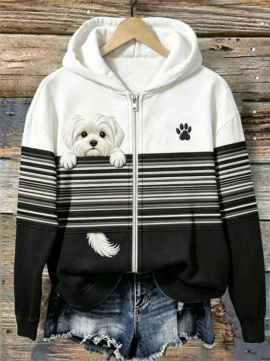 Women's Peeking Maltese Dog Striped Contrast Color Full Zip Hoodie