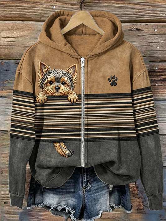 Women's Peeking Yorkshire Dog Striped Contrast Color Full Zip Hoodie