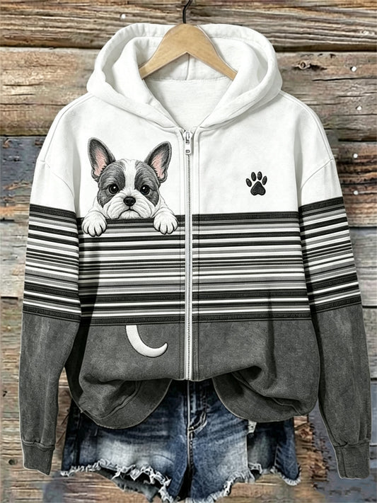Women's Peeking French Bulldog Striped Contrast Color Full Zip Hoodie