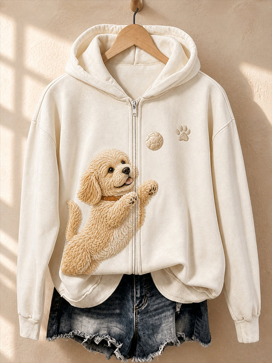 Retro Animal Art Print Casual Zip-Up Hoodie