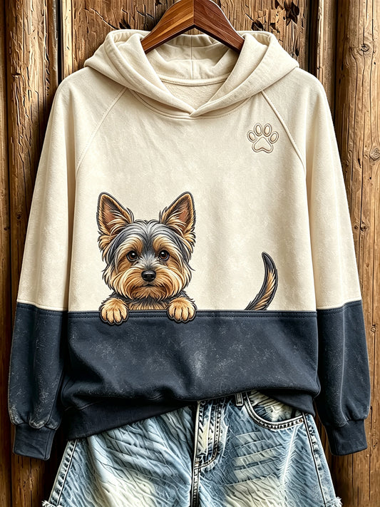 Women's  Peeking Yorkshire Terrier & Paw Print Contrast Color Cozy Sweatshirt