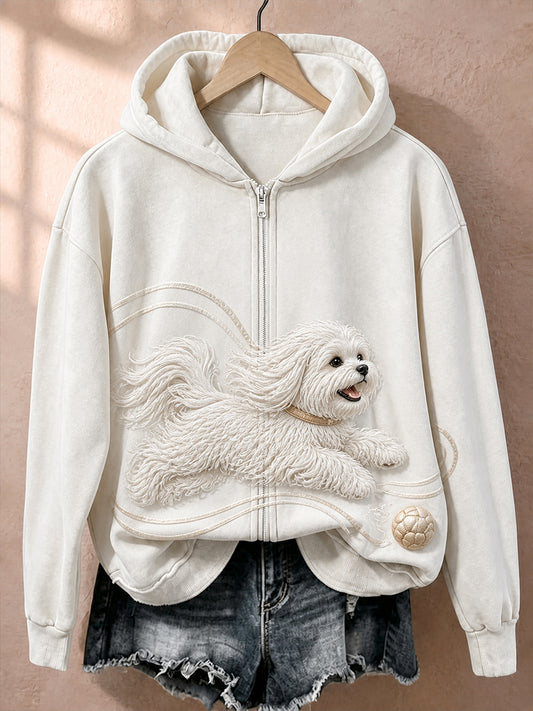 Retro Animal Art Print Casual Zip-Up Hoodie