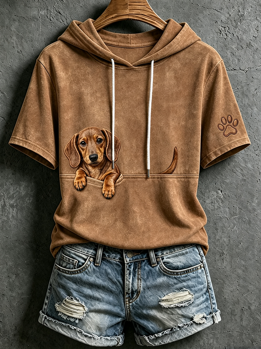 Women's Cute Peeking Dachshund & Paw Print Short Sleeve Hoodie