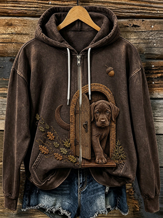 Retro Animal Art Print Casual Zip-Up Hoodie